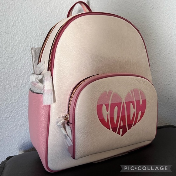 NWT COACH COURT LEATHER BACKPACK WITH STRIPE‎ HEART MOTIF GOLD/CHALK MULTI - Picture 9 of 11